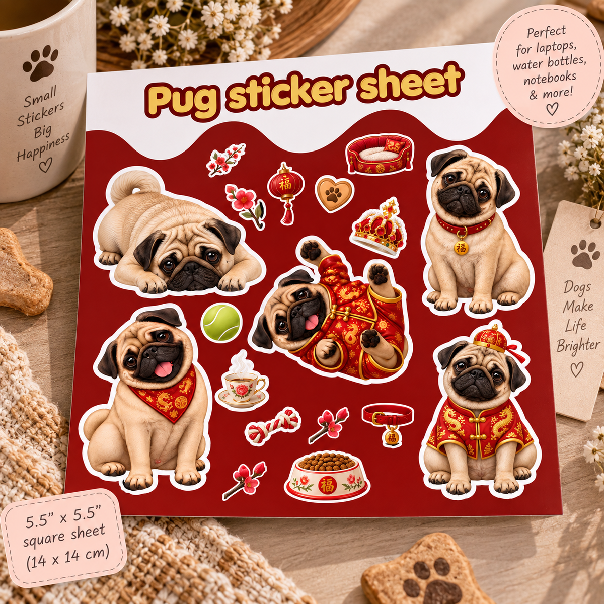 Premium Pug vinyl kiss-cut stickers