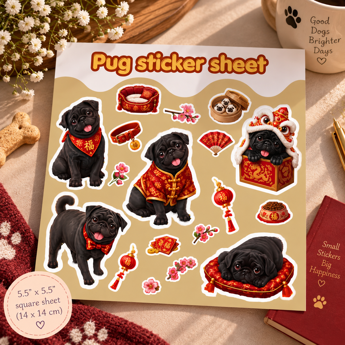 Premium Pug vinyl kiss-cut stickers